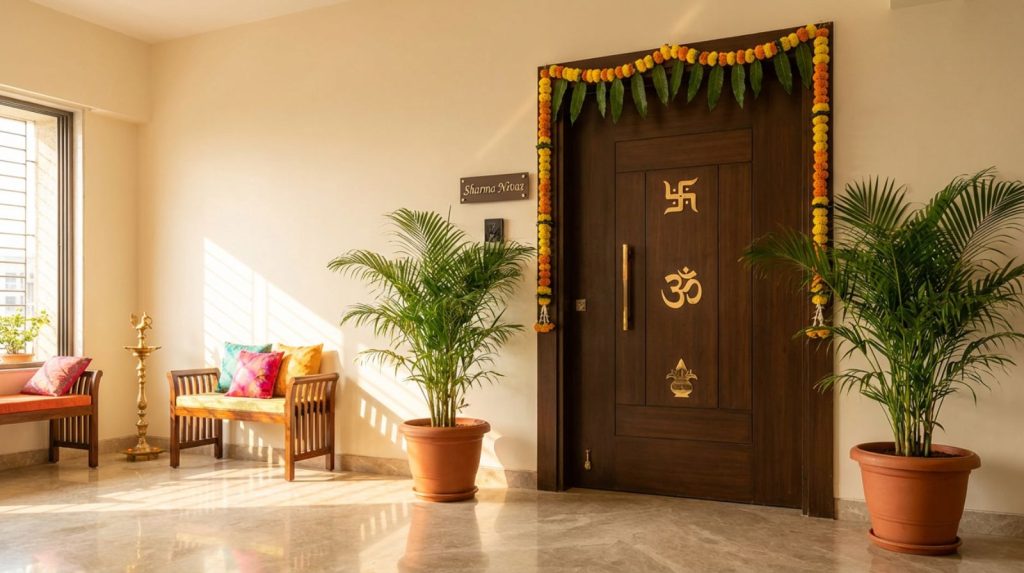 Examples of common main door Vastu mistakes such as clutter, broken lights, and blocked entrance