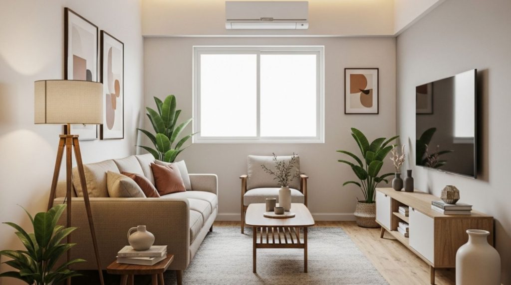 Vastu-aligned living room furniture and décor arrangement in a Mumbai apartment flat.