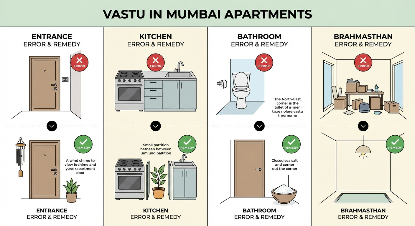 Illustration showing common Vastu errors and simple remedies for flats in Mumbai.
