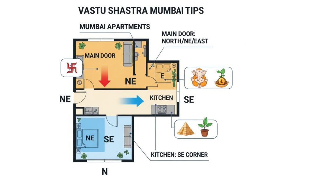 Diagram showing ideal directions and remedies for Vastu in Mumbai apartments.